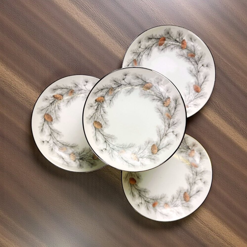 Sango Sierra Pines Salad/Soup Bowls 7.5 In Vintage Japan Set With Platinum Rim